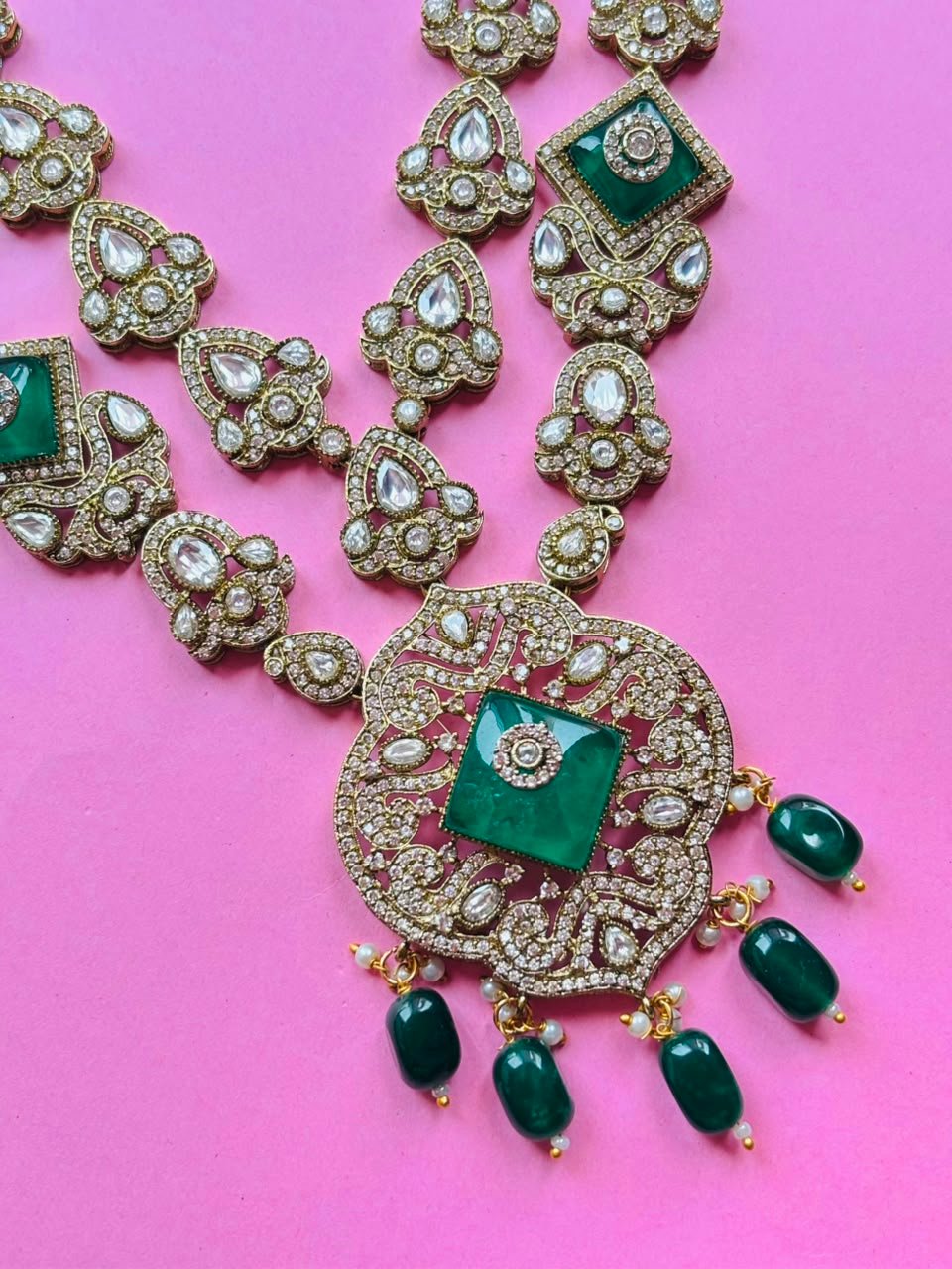 Victorian Emerald Long Haar Set Antique Gold Green Bead Bridal Jewelry with Earrings - Image 4