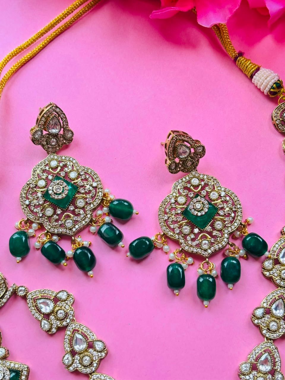 Victorian Emerald Long Haar Set Antique Gold Green Bead Bridal Jewelry with Earrings - Image 3