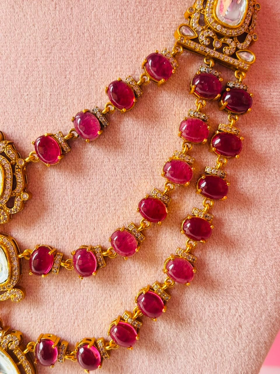 Kundan Ruby Red Multi-Layer Bridal Necklace Set - Image 4