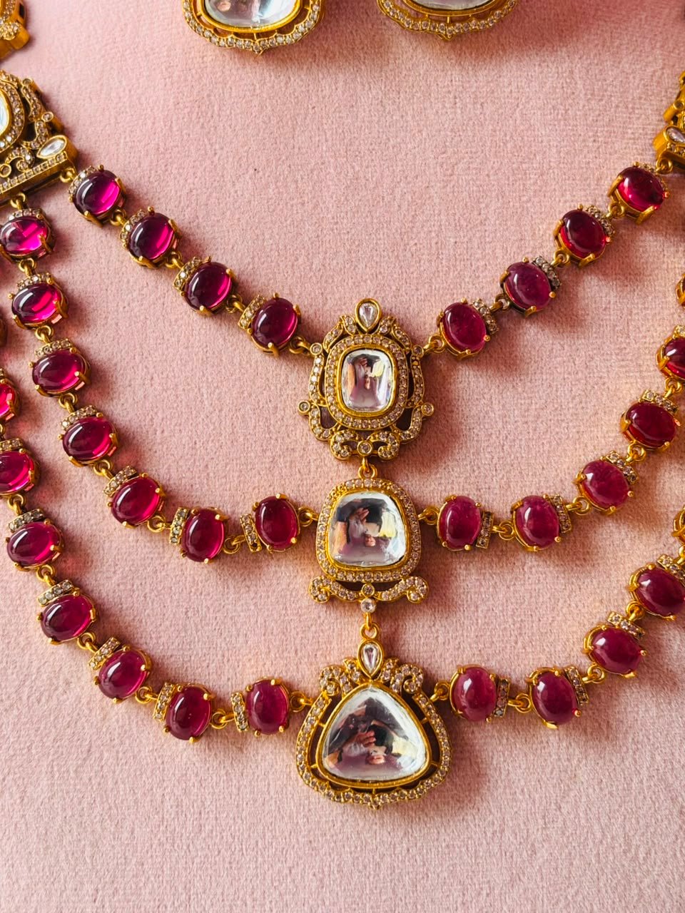 Kundan Ruby Red Multi-Layer Bridal Necklace Set - Image 3
