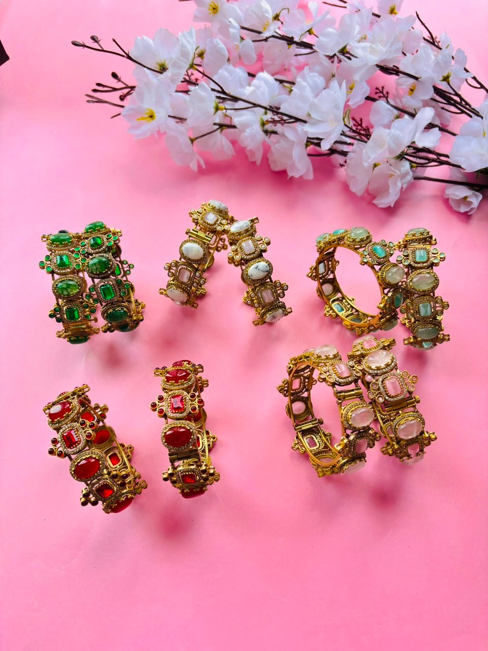 Exquisite Mint Green Stone and Polki Embellished Hinged Openable Bracelets (Pack Of 2) - Image 13