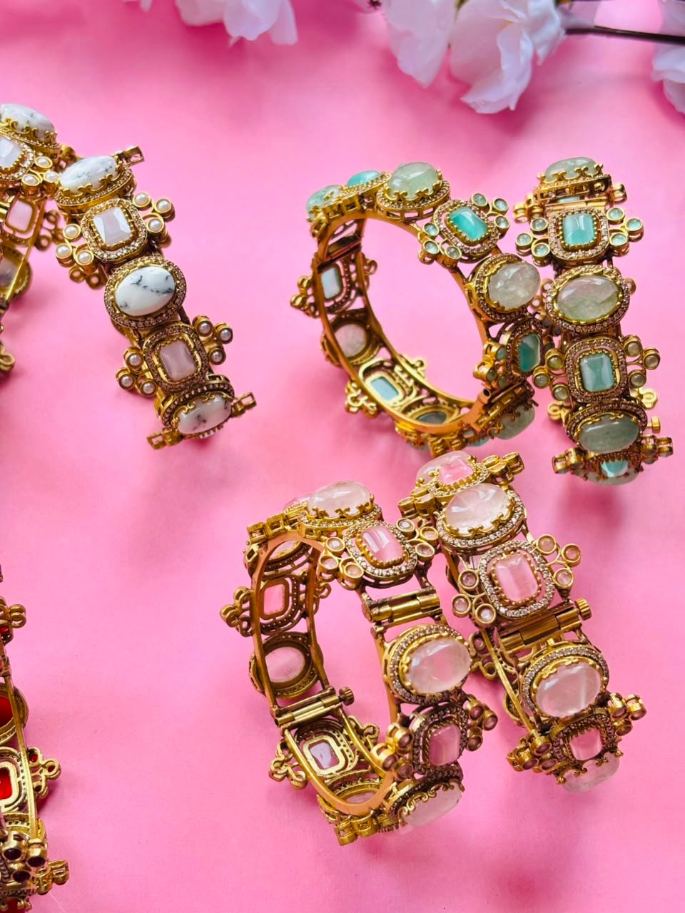 Exquisite Mint Green Stone and Polki Embellished Hinged Openable Bracelets (Pack Of 2) - Image 15