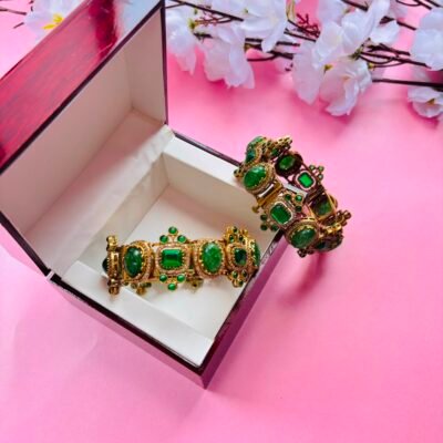 Exquisite Green Stone and Polki Embellished Hinged Openable Bracelets (Pack Of 2)