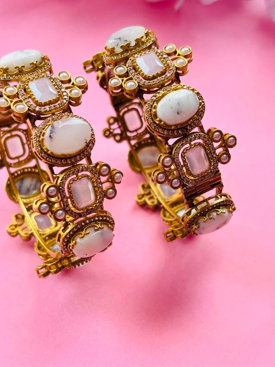 Exquisite White Stone and Polki Embellished Hinged Openable Bracelets (Pack Of 2) - Image 4