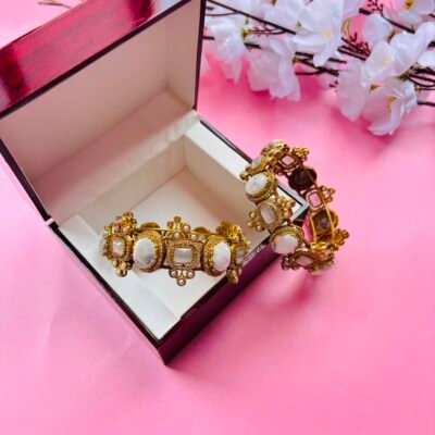 Exquisite White Stone and Polki Embellished Hinged Openable Bracelets (Pack Of 2)