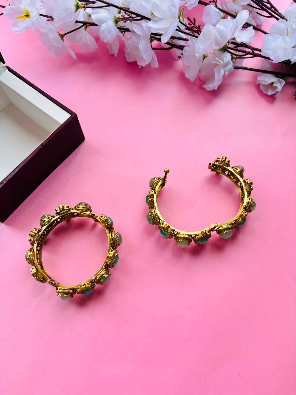 Exquisite Mint Green Stone and Polki Embellished Hinged Openable Bracelets (Pack Of 2) - Image 11