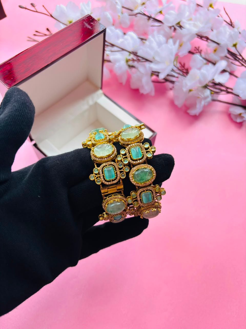 Exquisite Mint Green Stone and Polki Embellished Hinged Openable Bracelets (Pack Of 2) - Image 3