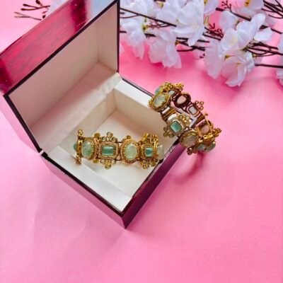 Exquisite Mint Green Stone and Polki Embellished Hinged Openable Bracelets (Pack Of 2)