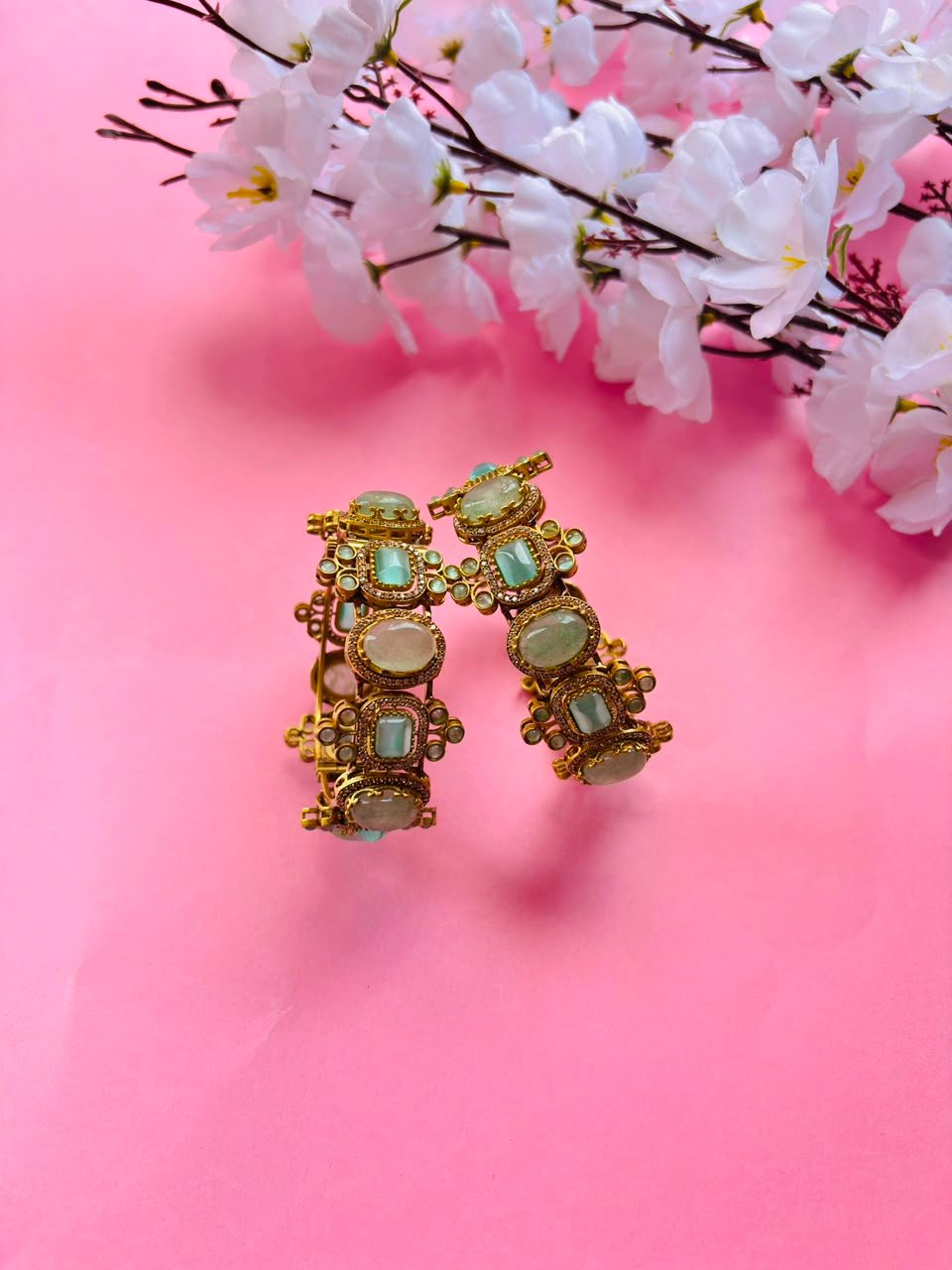 Exquisite Mint Green Stone and Polki Embellished Hinged Openable Bracelets (Pack Of 2) - Image 5