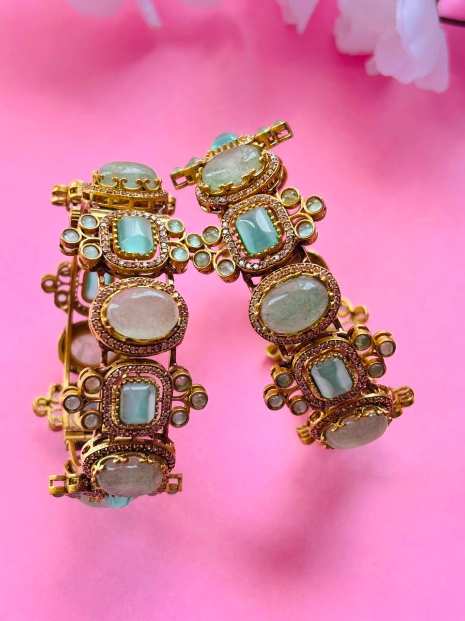 Exquisite Mint Green Stone and Polki Embellished Hinged Openable Bracelets (Pack Of 2) - Image 6