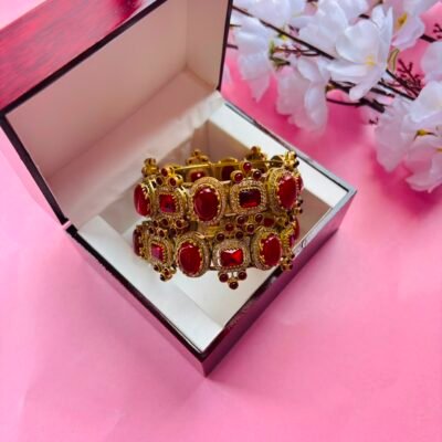 Exquisite Red Stone and Polki Embellished Hinged Openable Bracelets (Pack Of 2)