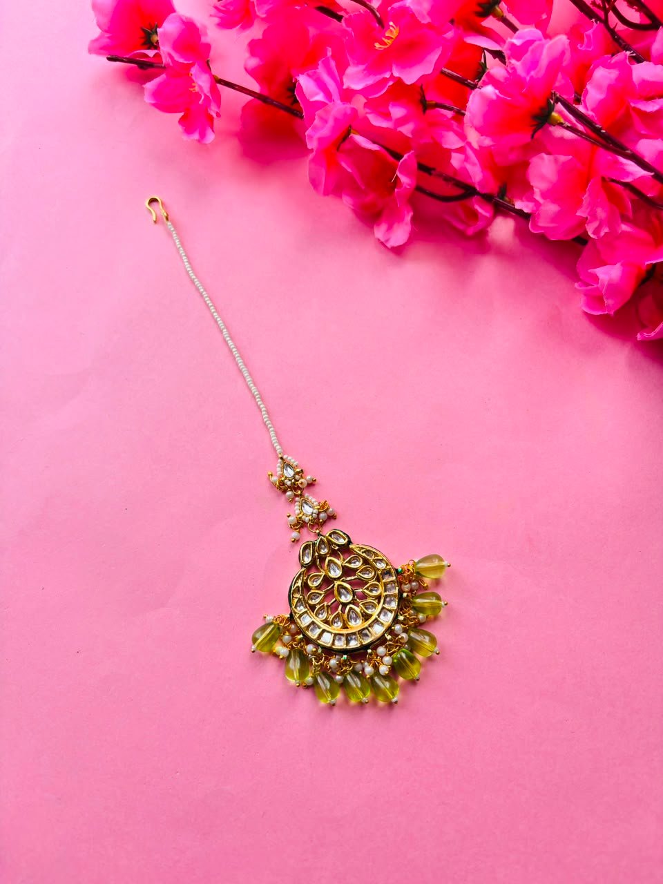 Gold Plated Kundan Green Stones Maangtika