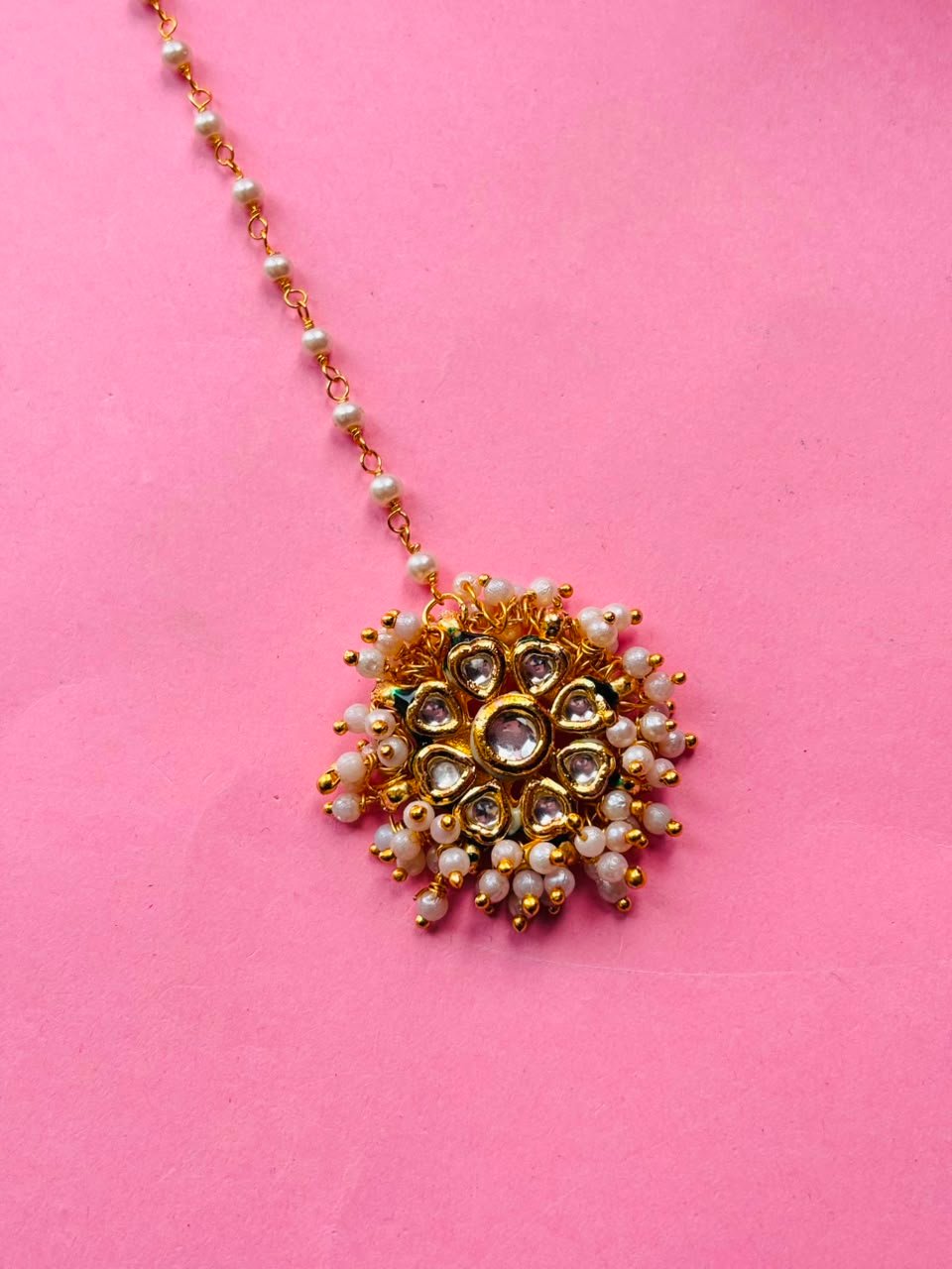 Dainty Pearl & Kundan Maang Tikka - Image 2