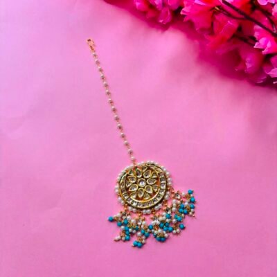 Gold Plated Kundan Blue Stones Maangtika