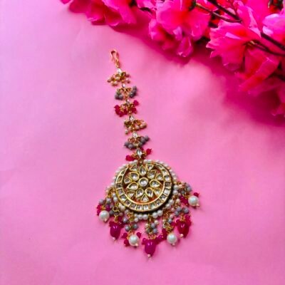 Gold Plated Kundan Pink Stones Maangtika