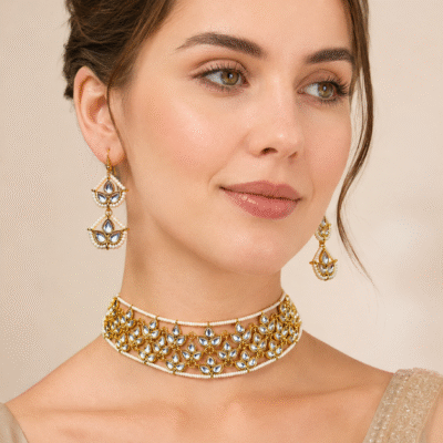Kundan Pearl Choker Necklace with Earrings Set