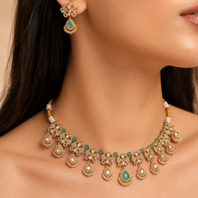 Kundan Choker Necklace Set With Sea Green Stone Earrings