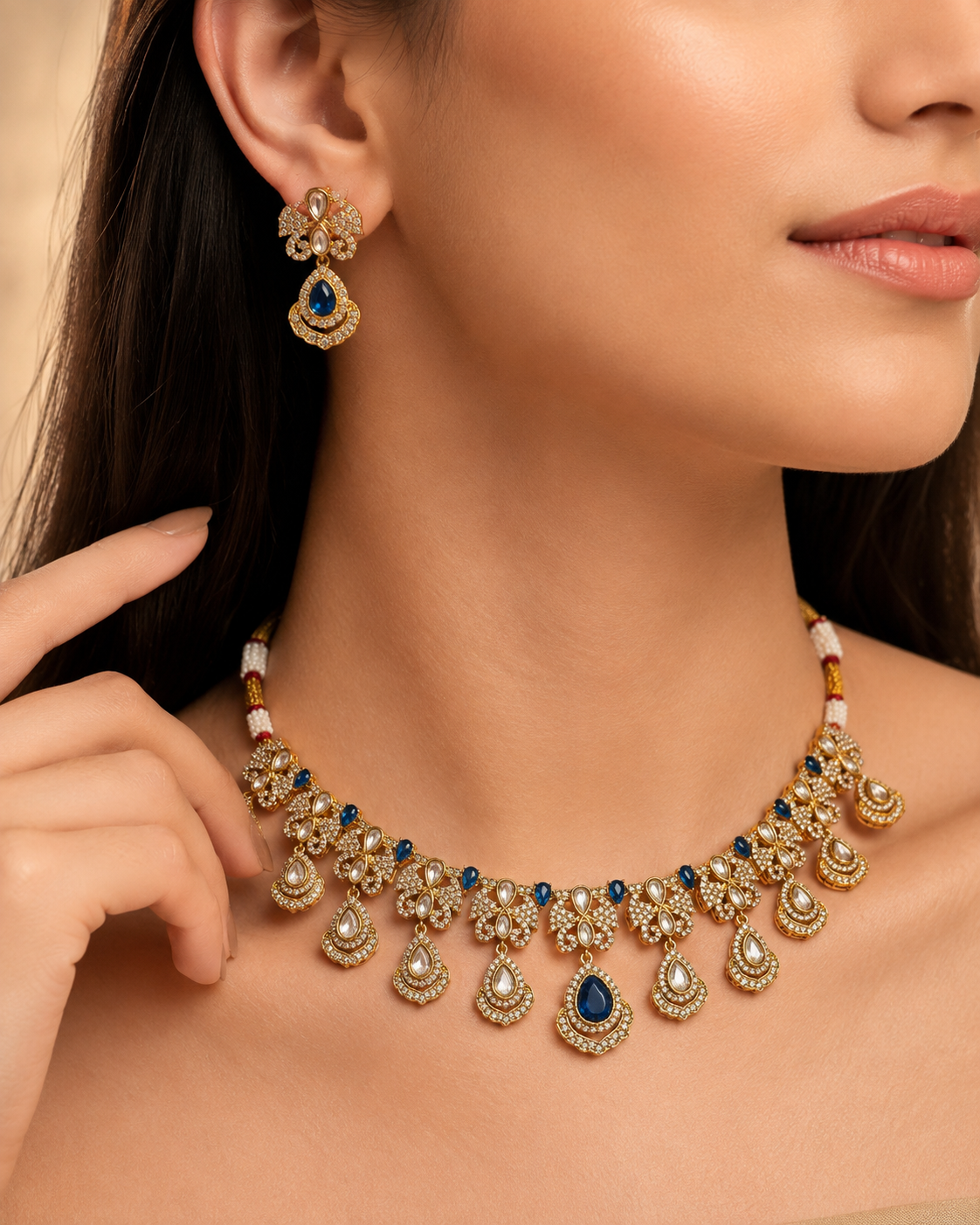 Kundan Choker Necklace Set With Blue Stone Earrings
