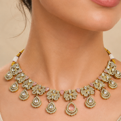 Kundan Choker Necklace Set With Pink Stone Earrings