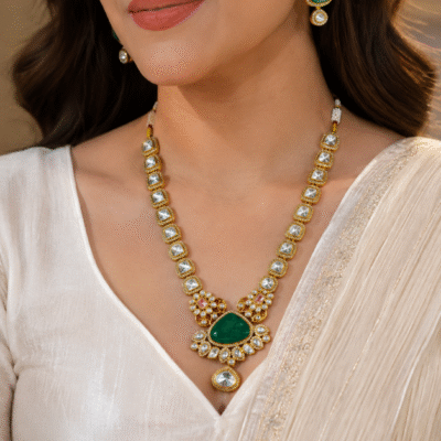 Kundan Necklace Set With Emerald Green Stone Pendant