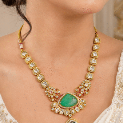 Kundan Necklace Set With Green Stone Pendant
