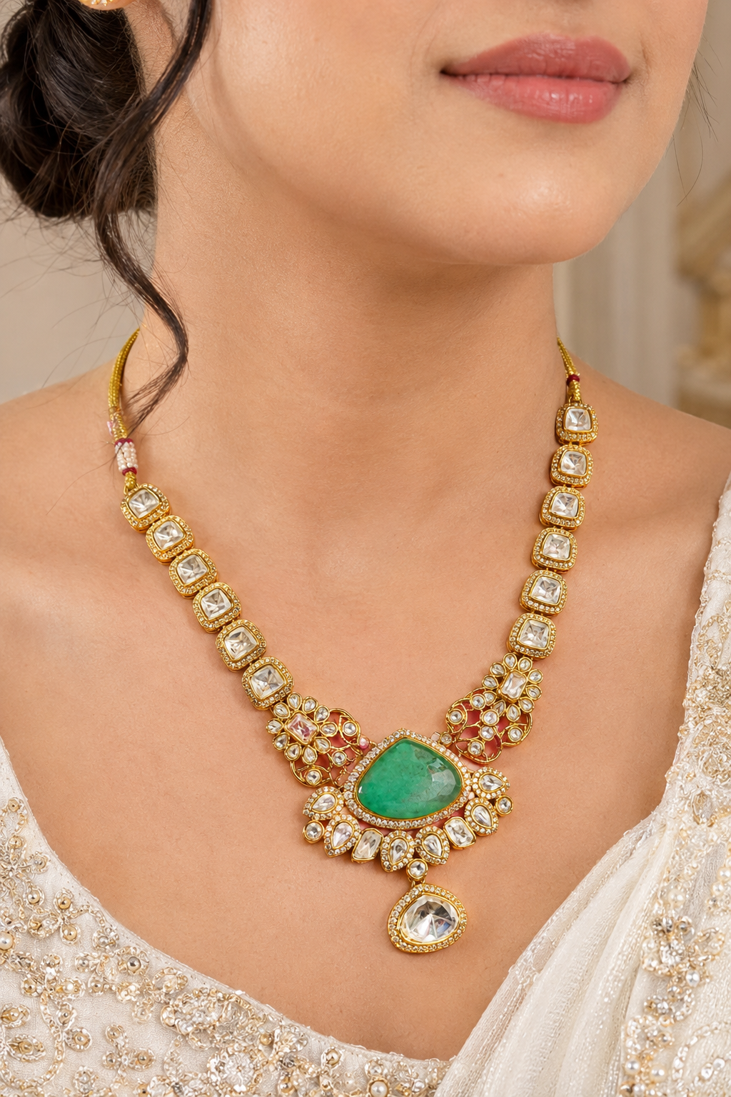 Kundan Necklace Set With Green Stone Pendant