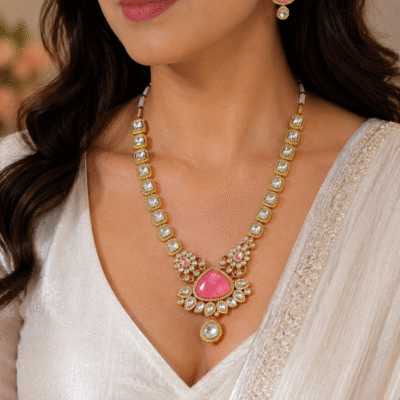 Kundan Necklace Set With Pink Stone Pendant