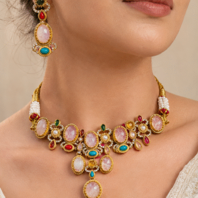 Sabyasachi Inspired Multicolor Stone Necklace Set For Women