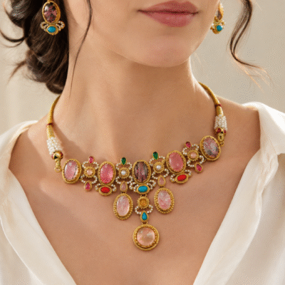 Sabyasachi Inspired Multicolor Stone Necklace Set For Women