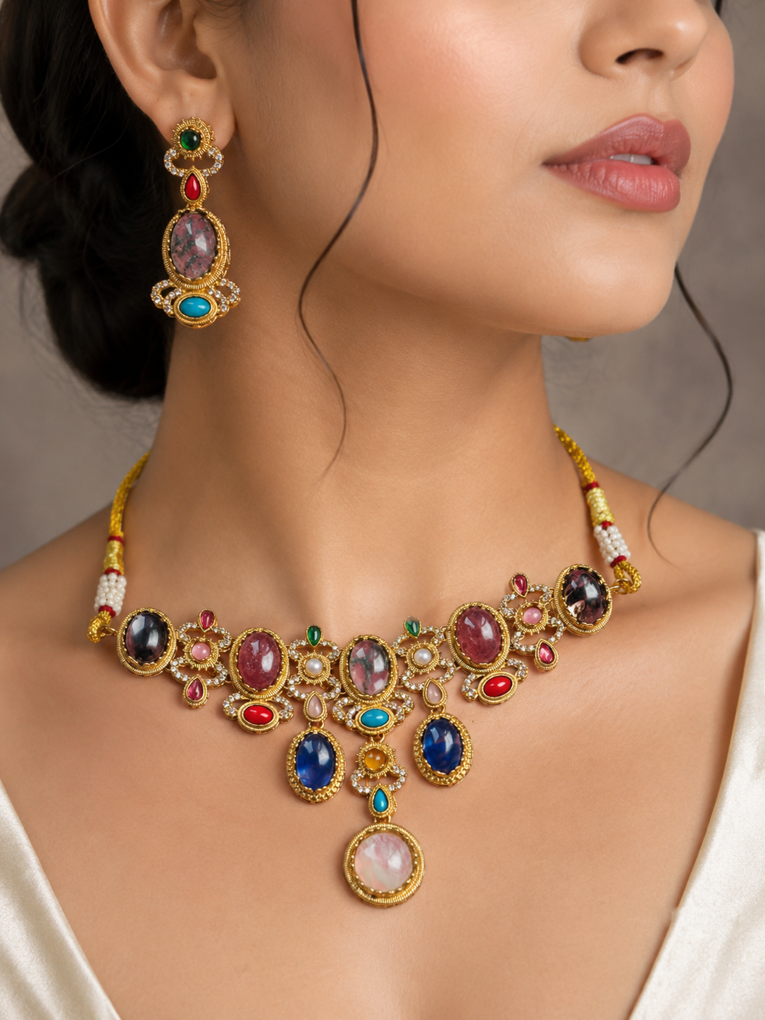 Sabyasachi Inspired Multicolor Stone Necklace Set For Women