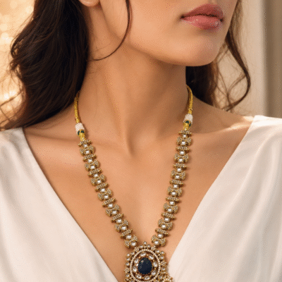Kundan Long Necklace Set With Blue Stone Pendant