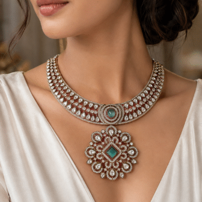 Kundan Choker Necklace Set With Sea Green Stone Pendant