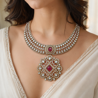 Kundan Choker Necklace Set With Ruby Red Stone Pendant