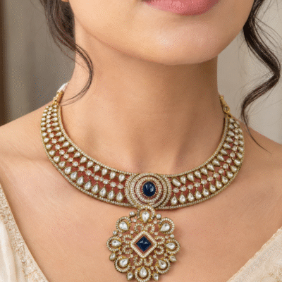 Kundan Choker Necklace Set With Blue Stone Pendant