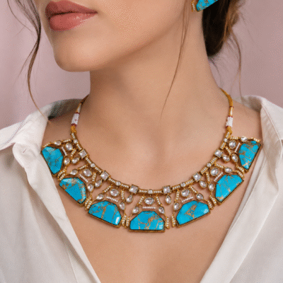 Kundan Choker Necklace Set With Turquoise Stone Pendant
