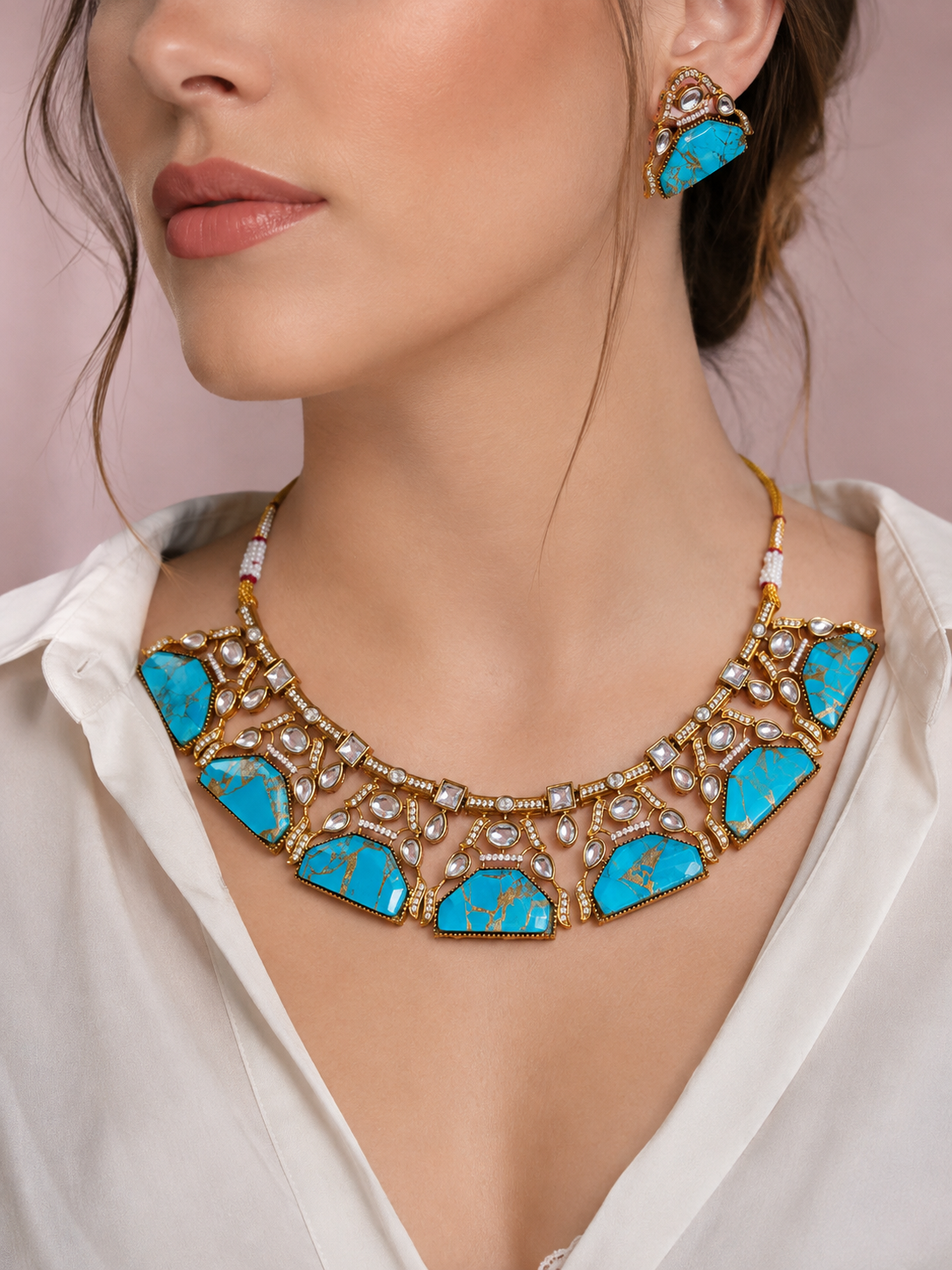 Kundan Choker Necklace Set With Turquoise Stone Pendant