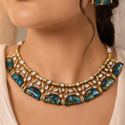 Kundan Choker Necklace Set With Blue Stone Pendant
