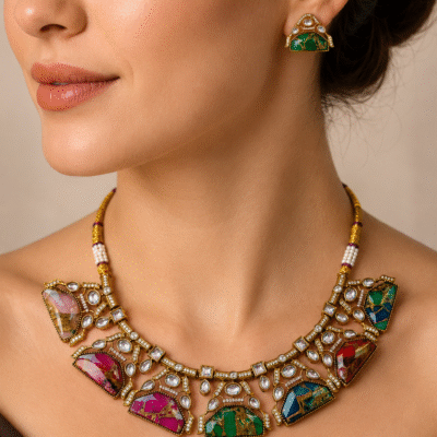 Kundan Choker Necklace Set With Multi Stone Pendant