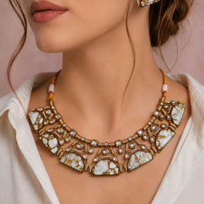 Kundan Choker Necklace Set With White Stone Pendant
