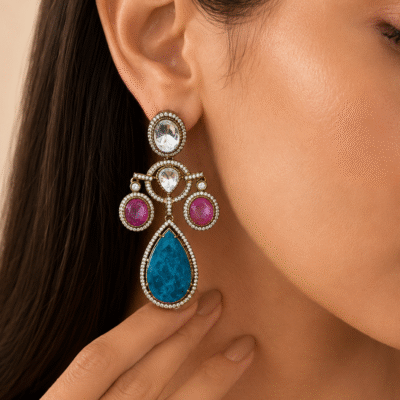 Gold Plated Multi Colour Stone Drop Earrings for Women, Party Wear