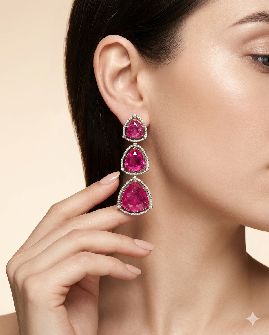 Hot Pink Trillion Cut Stone Tiered Drop Earrings