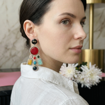 Victorian Lion Enamel Statement Earrings – Multicolor Stone
