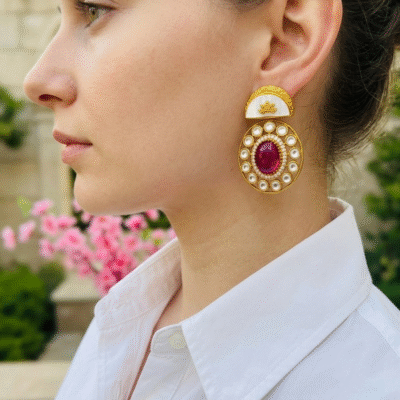 Gold Plated Hot Pink Stone Round Studded Earrings for Women