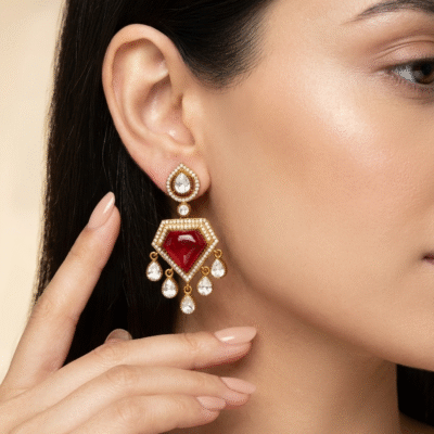 Gold Plated Red Kundan Pentagon Drop Earrings