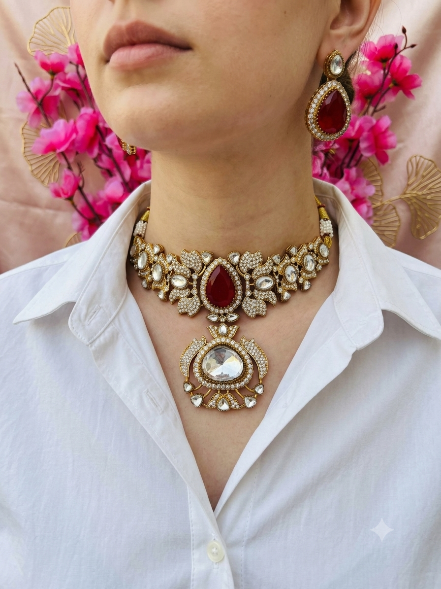 Ruby Red Stone Leaf Necklace Set