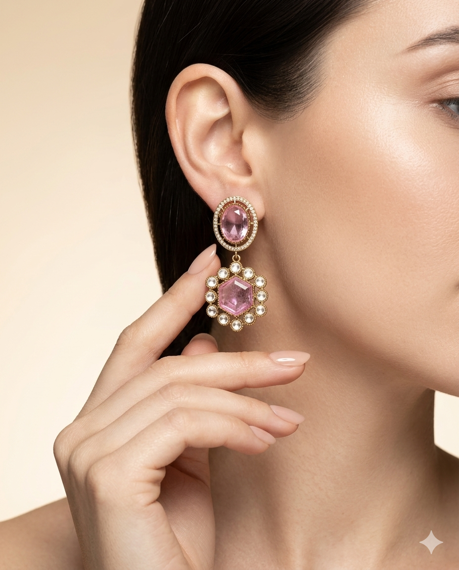 Gold Plated Hexagon Stone Drop Earrings
