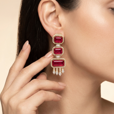 Gold Plated Emerald Cut Long Drop Earrings with CZ Studs