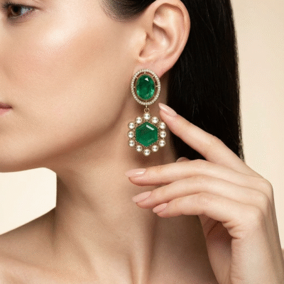 Gold Plated Hexagon Stone Drop Earrings
