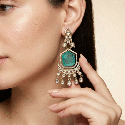Gold Plated Green Stone Chandelier Earrings for Women, Wedding Wear