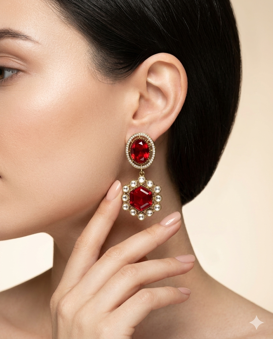Gold Plated Hexagon Stone Drop Earrings